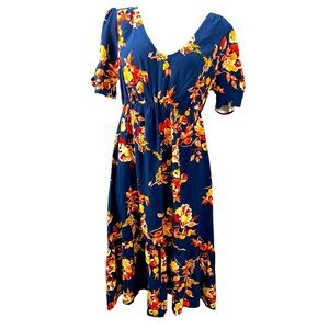 Isabel Maternity Blue & Orange Floral Dress – Size M (New, No Belt)